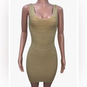 Y2K Tan Beige Textured seamless bodycon mini scoop neck Cleavage dress O/S new